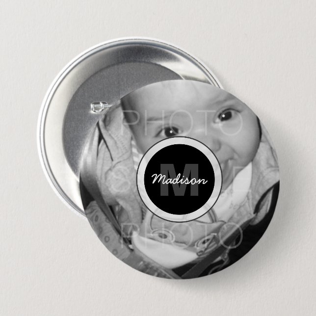 Customize Your Black White photo Monogram 3 Inch Round Button (Front & Back)