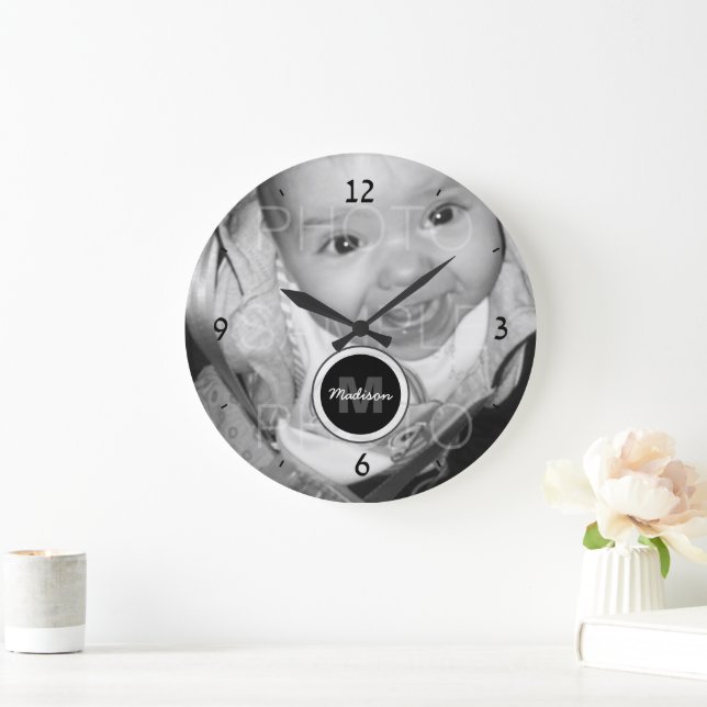 Customize Your Black White photo Monogram Large Clock (Home)