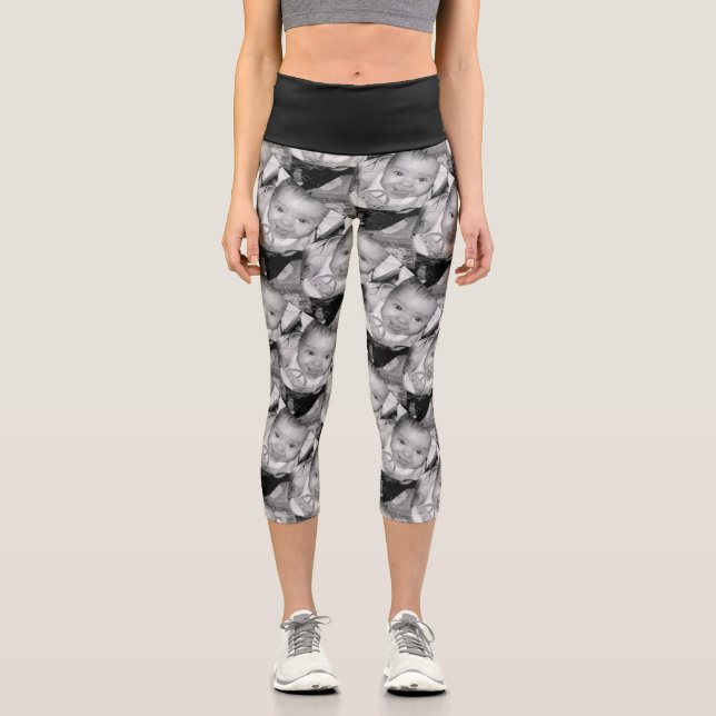 Customize Your Black White photo pattern Capri Leggings (Front)