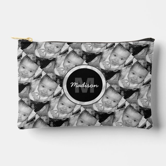 Customize Your Black White photo pattern Monogram Accessory Pouch (Front)