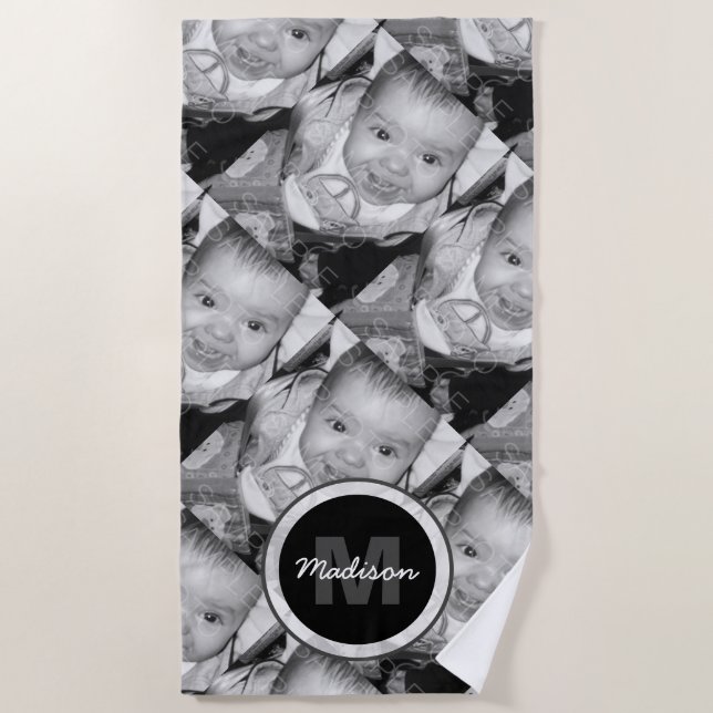 Customize Your Black White photo pattern Monogram Beach Towel (Front)