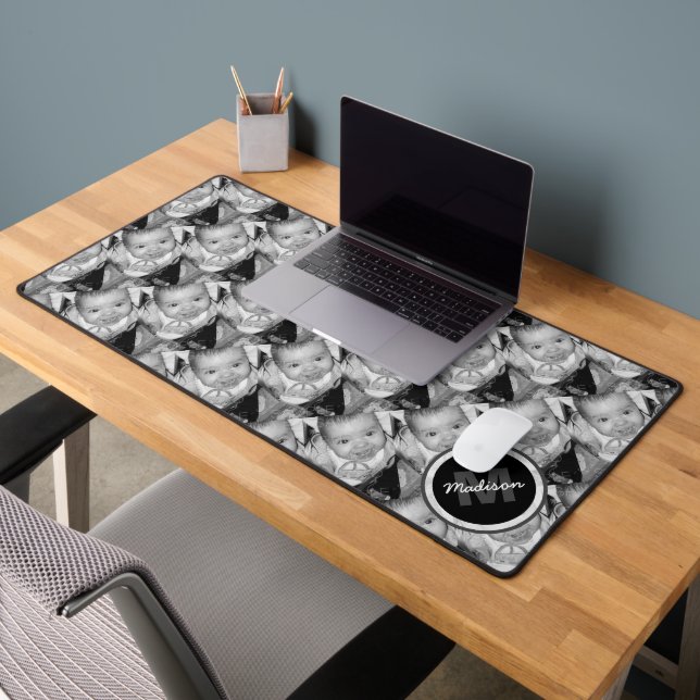 Customize Your Black White photo pattern Monogram  Desk Mat (Office 2)