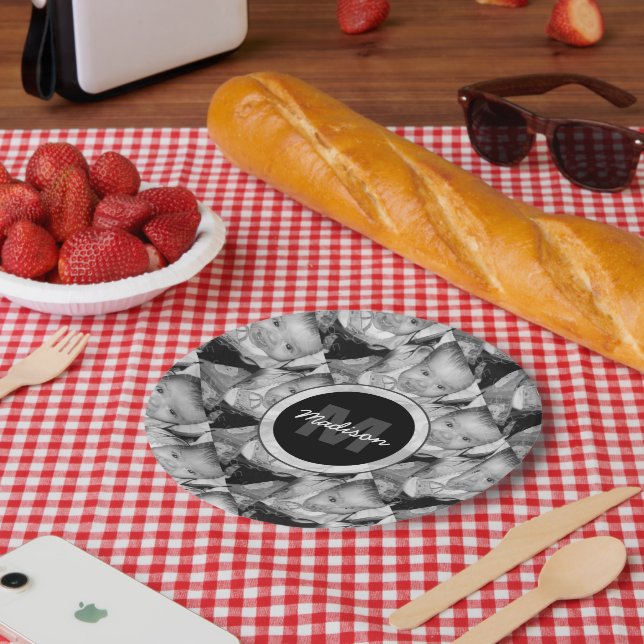 Customize Your Black White photo pattern Monogram Paper Plate (Picnic)