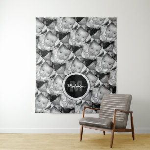Customize Your Black White photo pattern Monogram Tapestry