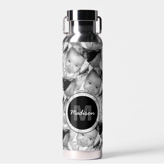 Customize Your Black White photo pattern Monogram Water Bottle (Front)