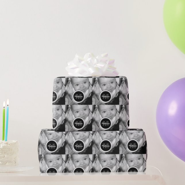 Customize Your Black White photo pattern Monogram Wrapping Paper (Party Gifts)