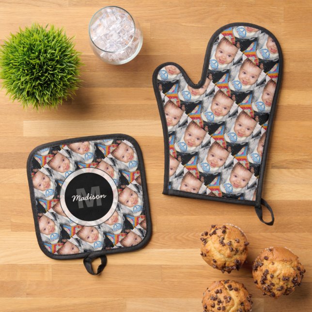 Customize Your custom two photo pattern Monogram Oven Mitt & Pot Holder Set (Top Down)