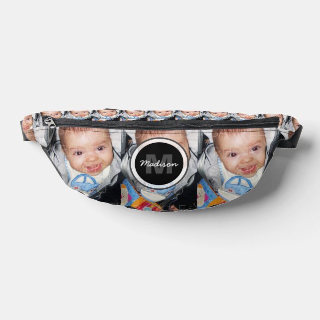 Customize Your photo pattern monogram name Black Fanny Pack (Lay Down)