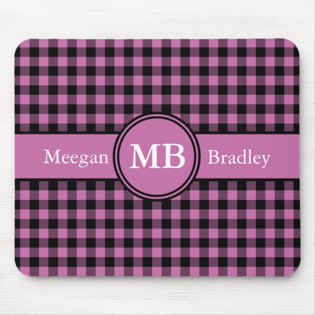 Customizeable Pink and Black checked Gingham Mouse Pad (Front)