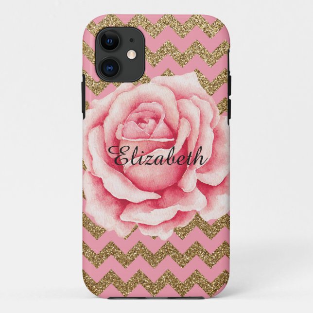 Customizeable Pink & Gold Rose Glitter Case-Mate iPhone Case (Back)