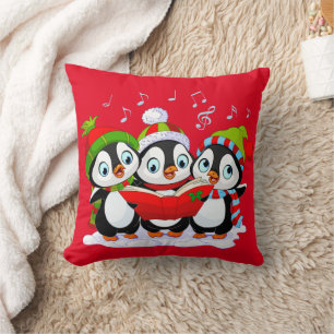 Customized 3 cute penguins singing carols throw pillow