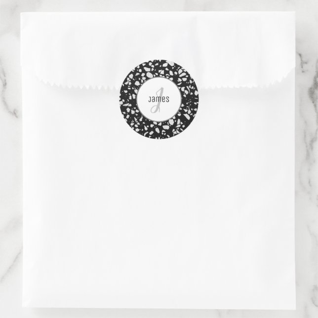 Customized Abstract Terrazzo Black & White Pattern Classic Round Sticker (Bag)