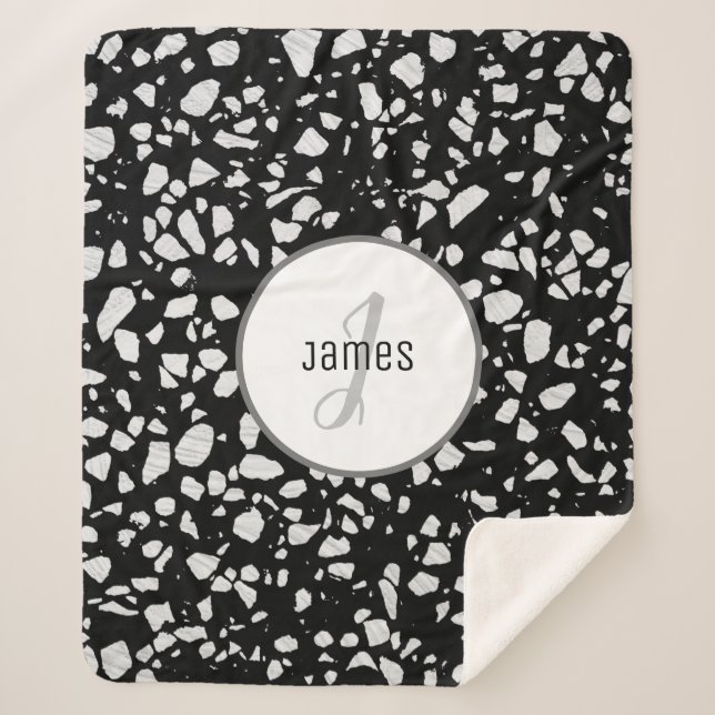 Customized Abstract Terrazzo Black & White Pattern Sherpa Blanket (Front)