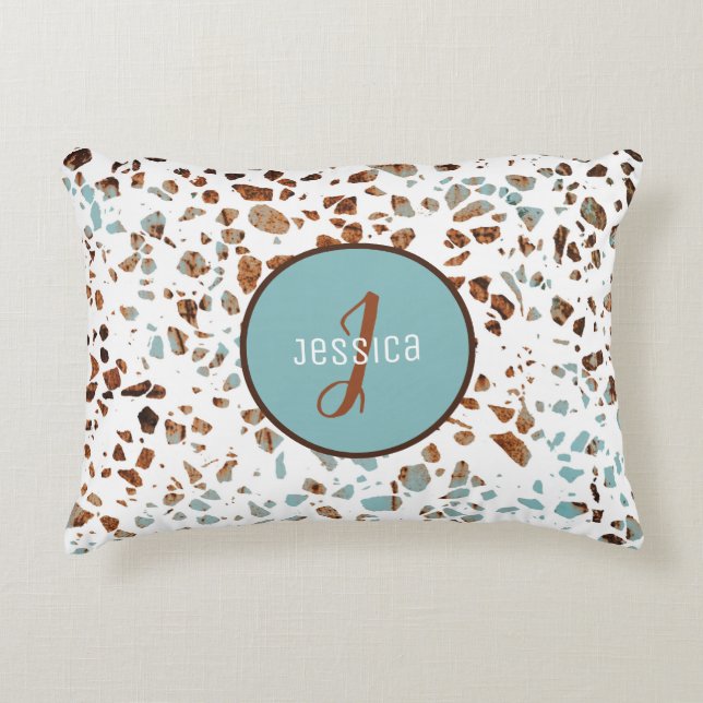 Customized Abstract Terrazzo Brown & Blue Pattern Accent Pillow (Front)