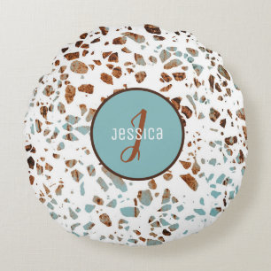 Customized Abstract Terrazzo Brown & Blue Pattern Round Pillow