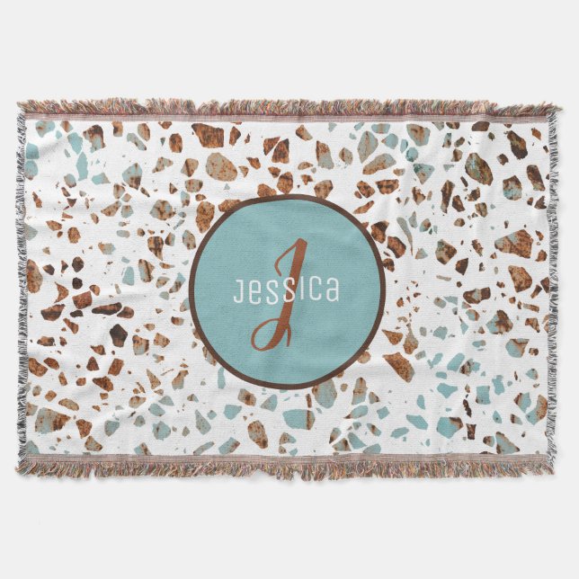 Customized Abstract Terrazzo Brown & Blue Pattern Throw Blanket (Front)