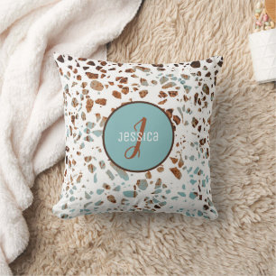 Customized Abstract Terrazzo Brown & Blue Pattern Throw Pillow