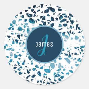 Customized Abstract Terrazzo Mosaic Blue Pattern Classic Round Sticker