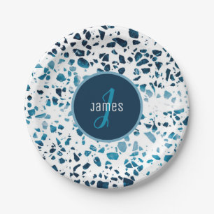 Customized Abstract Terrazzo Mosaic Blue Pattern Paper Plate