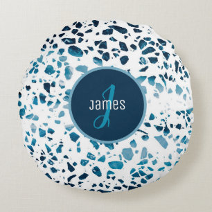 Customized Abstract Terrazzo Mosaic Blue Pattern   Round Pillow