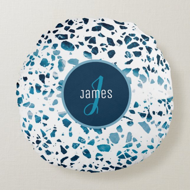 Customized Abstract Terrazzo Mosaic Blue Pattern   Round Pillow (Front)