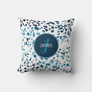 Customized Abstract Terrazzo Mosaic Blue Pattern  Throw Pillow