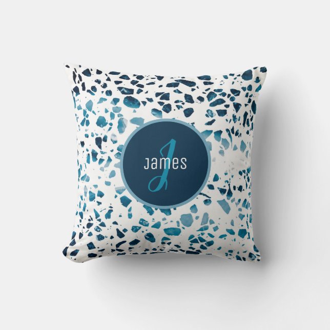 Customized Abstract Terrazzo Mosaic Blue Pattern  Throw Pillow (Front)