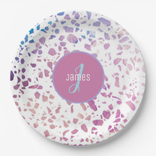 Customized Abstract Terrazzo Pink & Blue Pattern Paper Plate
