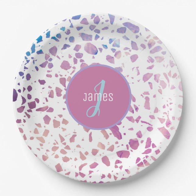 Customized Abstract Terrazzo Pink & Blue Pattern Paper Plate (Front)