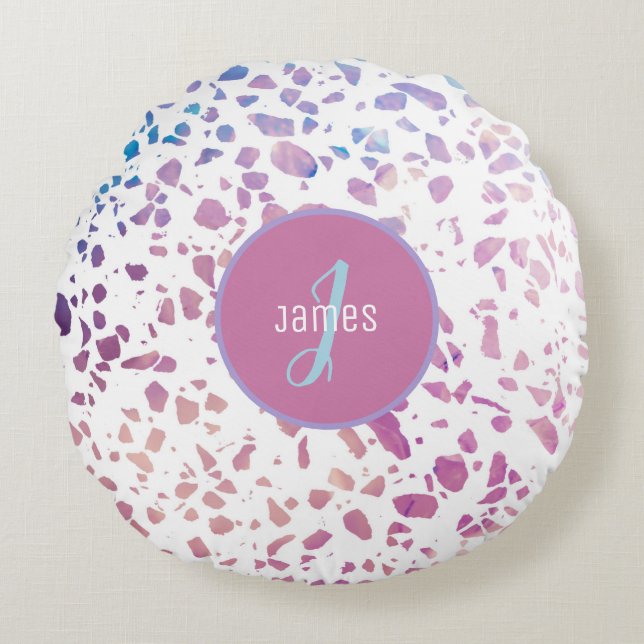 Customized Abstract Terrazzo Pink & Blue Pattern Round Pillow (Front)