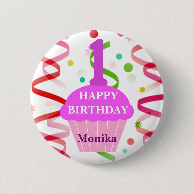 Customized Age and Name Happy Birthday Cupcake 2 Inch Round Button (Front)