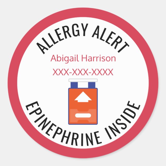 Customized Allergy Alert Epinephrine Inside Kids Classic Round Sticker (Front)