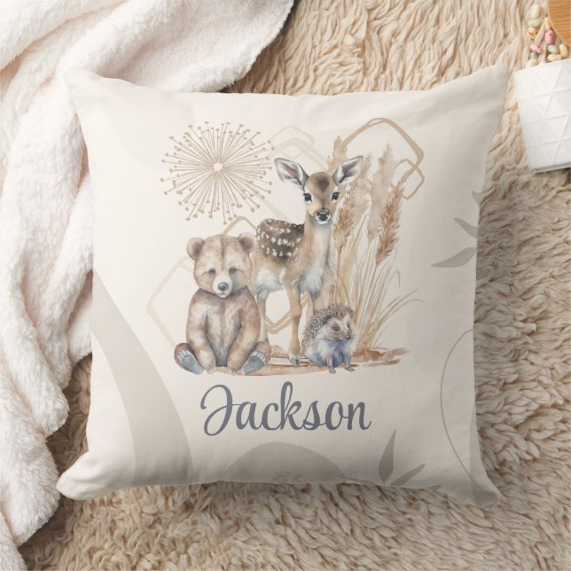 Customized Baby Name Boho Bear Deer Gender Neutral Throw Pillow (Blanket)