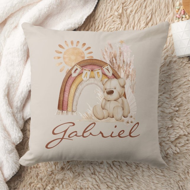 Customized Baby Name Boho Bear Rainbow Sunshine Throw Pillow (Blanket)