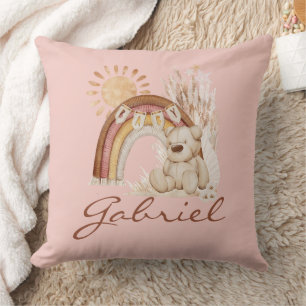 Customized Baby Name Boho Bear Rainbow Sunshine Throw Pillow