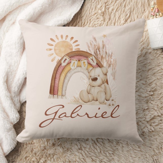 Customized Baby Name Boho Bear Rainbow Sunshine Throw Pillow (Blanket)