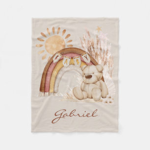 Customized Baby Name Boho Teddy Bear Rainbow Fleece Blanket