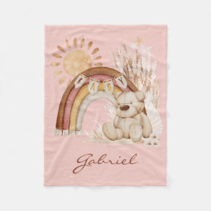 Customized Baby Name Boho Teddy Bear Rainbow Fleece Blanket