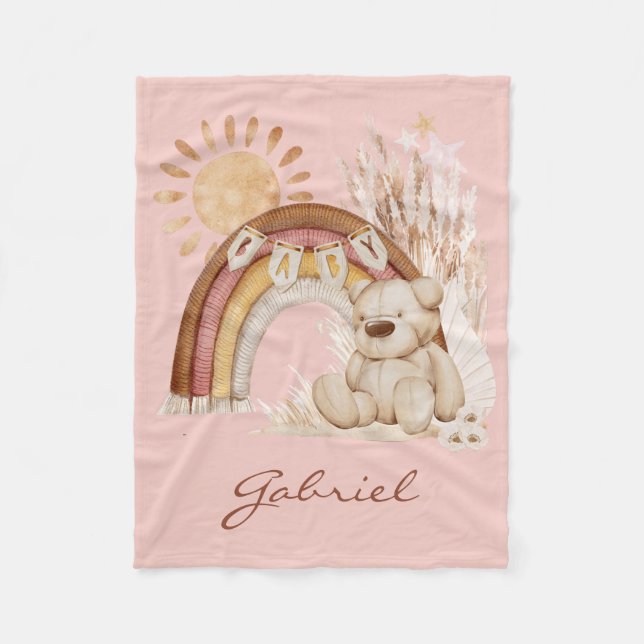 Customized Baby Name Boho Teddy Bear Rainbow Fleece Blanket (Front)