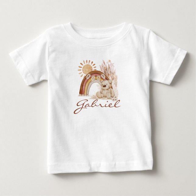 Customized Baby Name Boho Teddy Bear Rainbow T-Shirt (Front)