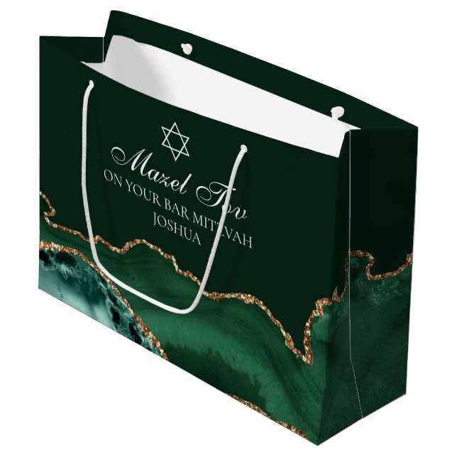 Customized Bar Mitzvah Mazel Tov Green Gold Large Gift Bag (Front Angled)