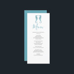 Customized Beach Wedding Menu Card<br><div class="desc">Add a touch of coastal charm to your beach wedding decor with these personalized wedding menu cards, featuring elegant watercolor seahorses in serene shades of blue. Perfect for a seaside wedding theme or nautical wedding, these menu cards can be easily customized with your beach wedding food selections using the template...</div>
