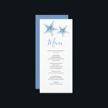 Customized Beach Wedding Menu Card<br><div class="desc">These customized wedding menu cards feature watercolor starfish in shades of blue. Use the template fields to add your personalized details. A nautical choice for your beach wedding theme. For more affordable wedding menu ideas visit www.zazzle.com/dotellabelle

Unique watercolor ocean art by Victoria Grigaliunas of Do Tell A Belle.</div>