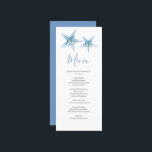 Customized Beach Wedding Menu Card<br><div class="desc">These customized wedding menu cards feature watercolor starfish in shades of blue. Use the template fields to add your personalized details. A nautical choice for your beach wedding theme. For more affordable wedding menu ideas visit www.zazzle.com/dotellabelle

Unique watercolor ocean art by Victoria Grigaliunas of Do Tell A Belle.</div>