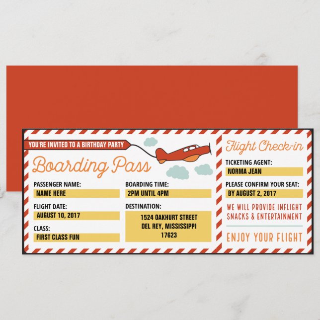 Customized Birthday Party Boarding Pass Invitation (Front/Back)