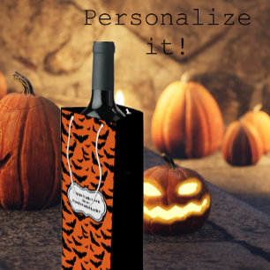 Customized Black and Orange Halloween Bats Wine Gift Bag