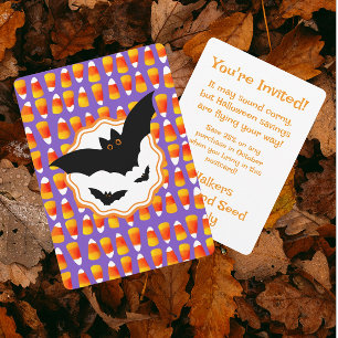 Customized Black Bat Candy Corn Halloween Invitation