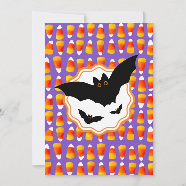 Customized Black Bat Candy Corn Halloween Invitation (Front)