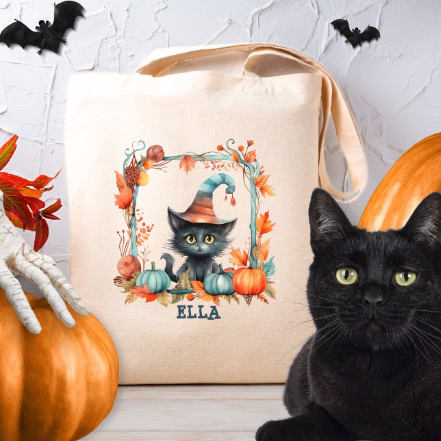 Customized Black Cat Trick or Treat Kids Halloween Tote Bag (Creator Uploaded)
