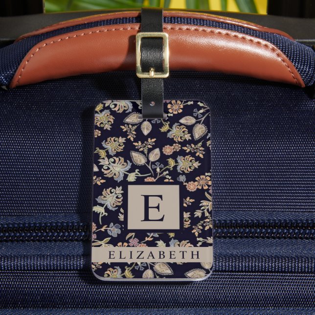 Customized Black Floral Grey Flowers Luggage Tag (Front Insitu 2)